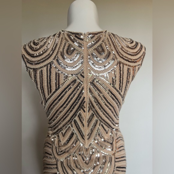 Dazzling Beige And Silver Fringed Beaded Flapper Dress 100% Polyester Size M - Picture 12 of 13